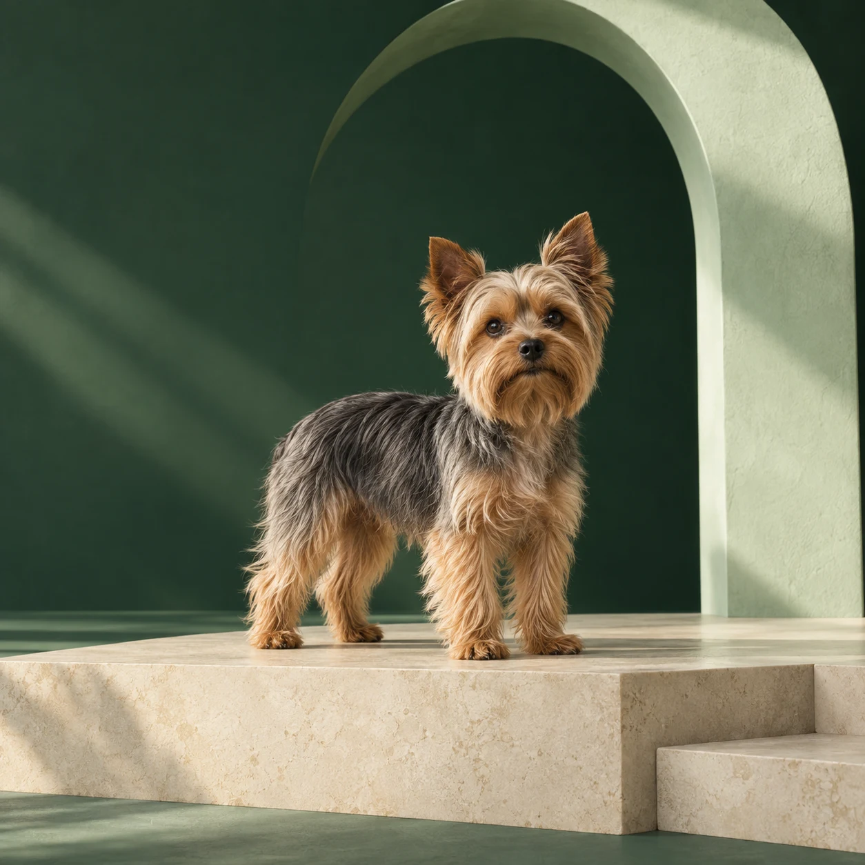 A confident Yorkshire terrier standing on a stone platform beneath a mint green arch